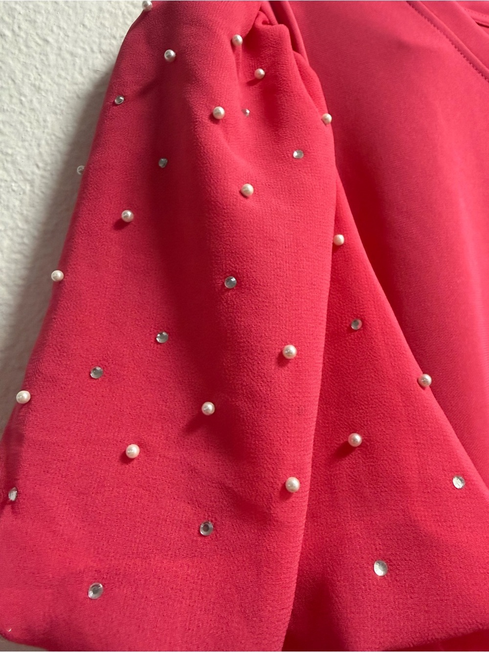 Karl Lagerfeld Shirt women size L Bright Pink Pearl-Studded Puff Sleeve Top - Picture 6 of 8